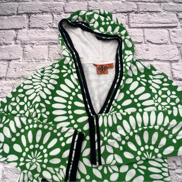 Tory Burch Green and White French Terry Hooded Top Large Long Sleeve Pullover - Picture 2 of 8